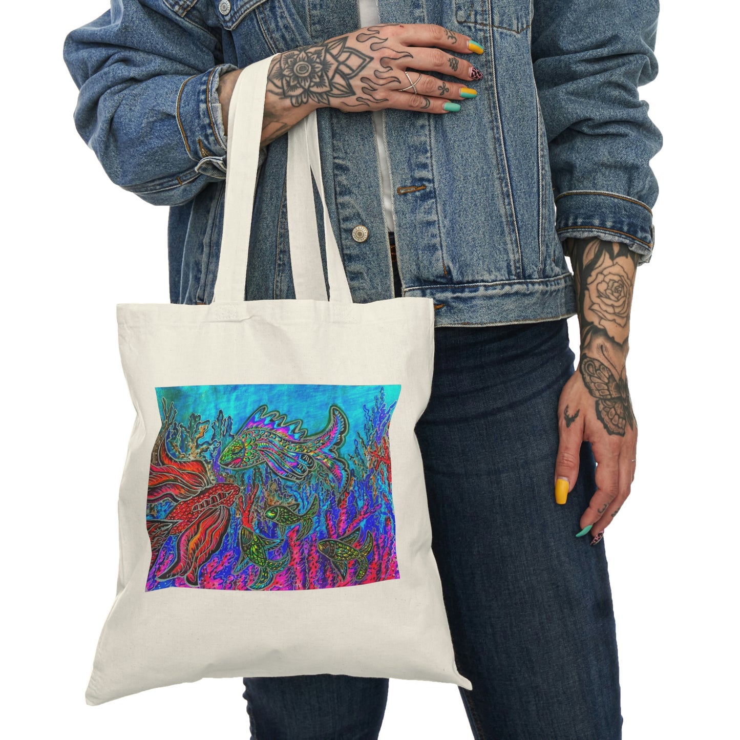 Abstract, Surreal Fish Natural Tote Bag, Aesthetic Canvas Bag Shopping Bag, Birthday Gift Bag, Bridal Gift Tote Bag, Library Bag.