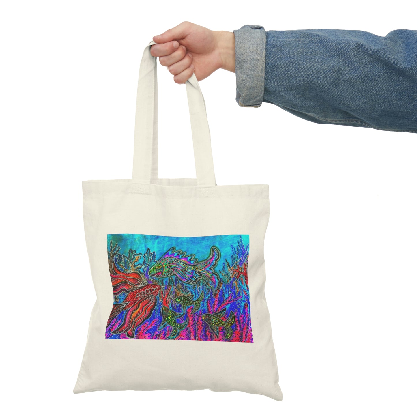 Abstract, Surreal Fish Natural Tote Bag, Aesthetic Canvas Bag Shopping Bag, Birthday Gift Bag, Bridal Gift Tote Bag, Library Bag.