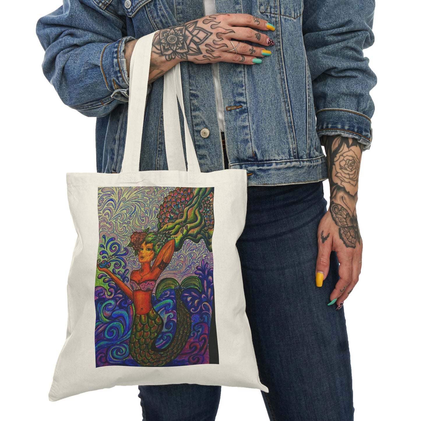 Abstract, Surreal Mermaid Natural Tote Bag, Aesthetic Canvas Bag Shopping Bag, Birthday Gift Bag, Bridal Gift Tote Bag, Library Bag.